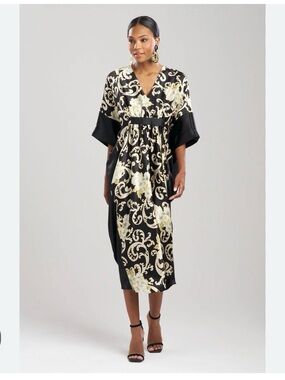 Camille Floral Scroll Silk Kaftan by Josie Natori